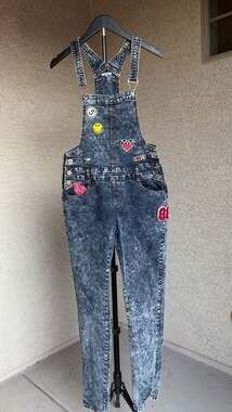 Chiqle Denim Architect Acid Wash Patchwork Overalls Size XL